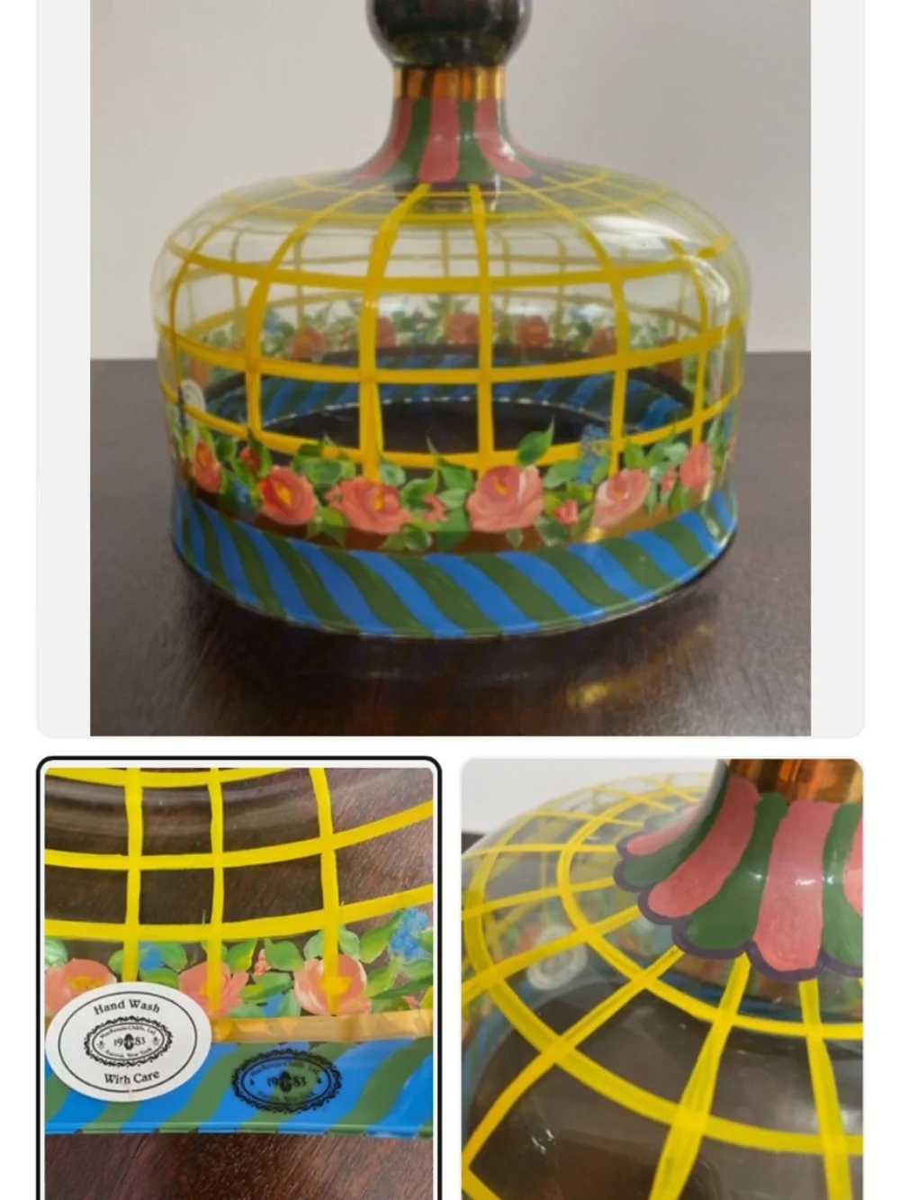 MacKenzie-Childs Hand-Painted Glass Dome Cloche in Yellow, Blue, Pink, Green